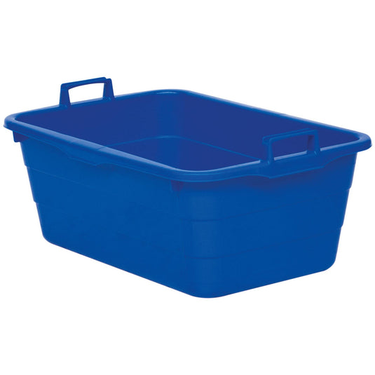 Μια μπλε πλαστική λεκάνη Novocal (90 λίτρα, 750 x 490 x 310 mm) με δύο χερούλια, ένα σε κάθε μικρή πλευρά. Το ανθεκτικό κουτί αποθήκευσης είναι άδειο και απεικονίζεται μπροστά από λευκό φόντο. Μάρκα: Novocal.