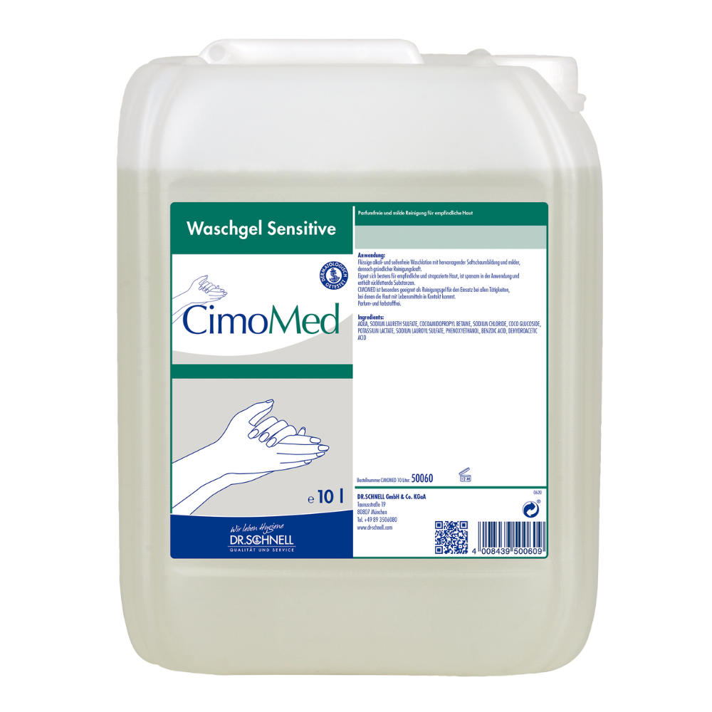 Ένα διάφανο δοχείο 10L με την επιγραφή "Dr. Schnell CIMOMED υγρό πλύσης χεριών, χωρίς άρωμα και χρωστικές, για καθαρισμό δέρματος" από την DR.SCHNELL GmbH & Co. KGaA με εικόνες χεριών και αναλυτικές οδηγίες· ιδανικό για ευαίσθητο δέρμα.