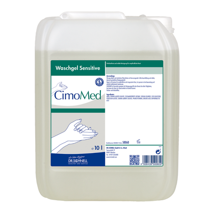 Ένα διάφανο δοχείο 10L με την επιγραφή "Dr. Schnell CIMOMED υγρό πλύσης χεριών, χωρίς άρωμα και χρωστικές, για καθαρισμό δέρματος" από την DR.SCHNELL GmbH & Co. KGaA με εικόνες χεριών και αναλυτικές οδηγίες· ιδανικό για ευαίσθητο δέρμα.