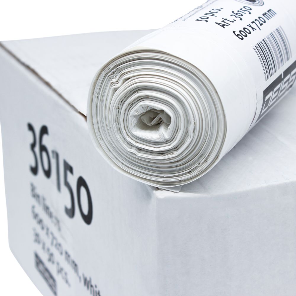 Ένας ρόλος σακούλες απορριμμάτων DEISS LDPE 60 λίτρων, κατασκευασμένος από την EMIL DEISS KG (GmbH + Co.) για μακροχρόνια αντοχή, τοποθετείται σε ένα λευκό κουτί. Ο ρόλος είναι σφιχτά τυλιγμένος και στο κουτί φαίνεται το «36150» μαζί με ένα γραμμωτό κώδικα και άλλες εκτυπωμένες πληροφορίες που υποδεικνύουν τη χωρητικότητα των 60 λίτρων.