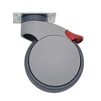 Η ρόδα ελαφριάς λειτουργίας Novocal από πλαστικό με διπλό στοπ Ø 125 mm, ιδανική για καρότσια φροντίδας, διαθέτει γκρι ρόδα με επίπεδη άνω πλάκα και κόκκινο μοχλό φρένου. Μάρκα: Novocal. Απεικονίζεται σε λευκό φόντο. Συσκευασία: 1 τεμάχιο.