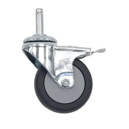 Μια μεμονωμένη ρόδα Novocal Leichtlauflenkrolle με βίδα, με στοπ, Ø 75 mm ηλεκτρικά αγώγιμη, για NW S70/S. Με μεταλλικό βραχίονα, μαύρη επιφάνεια κύλισης από καουτσούκ, γκρι κέντρο τροχού και σπείρωμα προεξοχής. Απεικονίζεται σε λευκό φόντο. Η συσκευασία περιέχει 1 τεμάχιο.