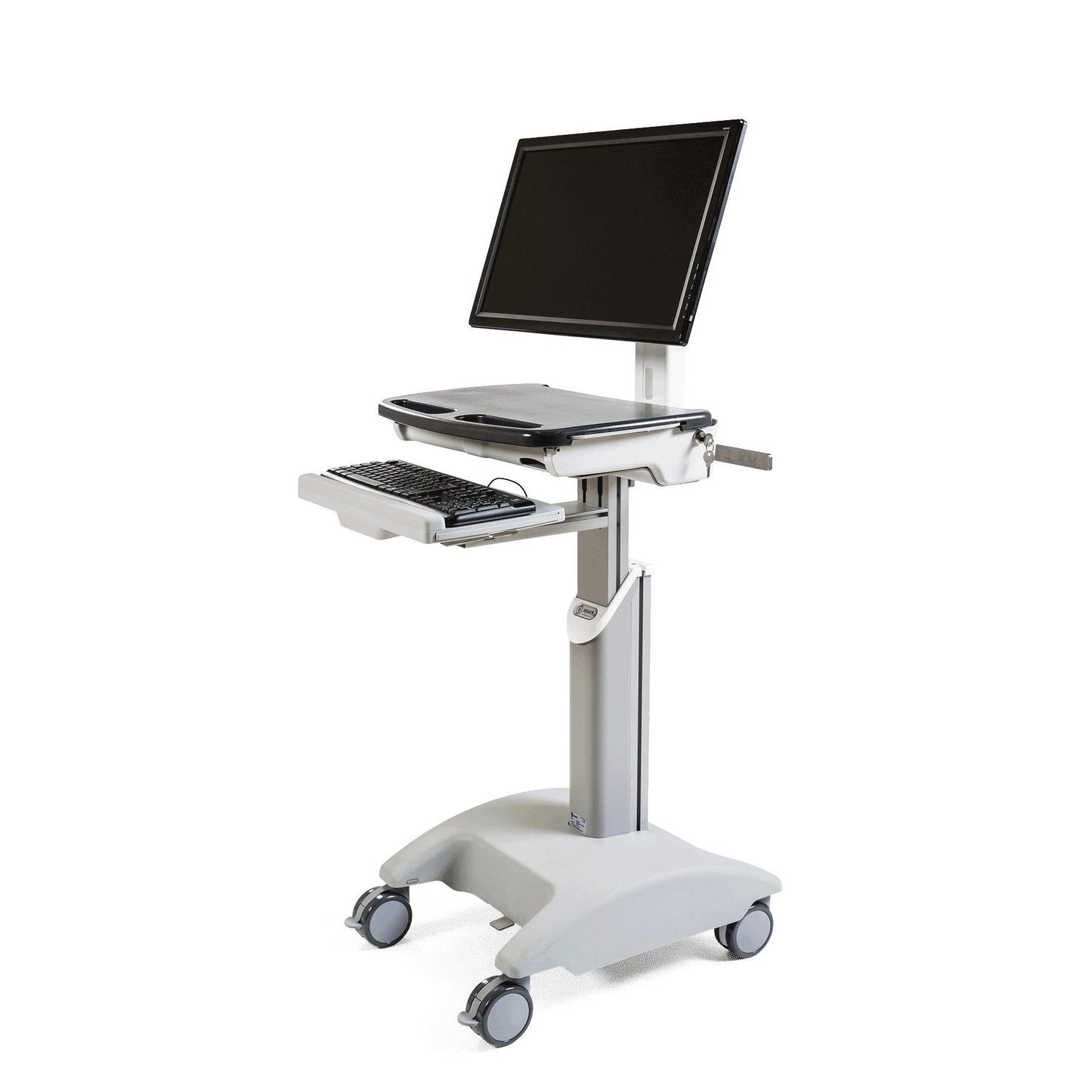 Η κινητή θέση εργασίας Novocal για φορητό υπολογιστή ή Panel PC συμπεριλαμβανομένου του ρυθμιζόμενου βραχίονα οθόνης και VESA (1 τεμάχιο) είναι μια κινητή θέση εργασίας με ρόδες, απεικονιζόμενη με οθόνη και πληκτρολόγιο, μπροστά από ένα απλό λευκό φόντο.