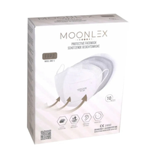 Eine Schachtel mit Altruan MOONLEX FFP2 Maske, 5-lagig, CE2890 - einzeln foliert. Enthält 10 Stück. Die Verpackung zeigt weiße Masken und Piktogramme, mit englischem und deutschem Text.