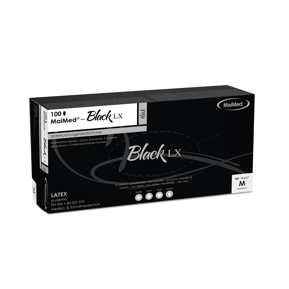 Εξεταστικά γάντια λάτεξ μιας χρήσης MaiMed-Black LX PF, χωρίς πούδρα, 100 τεμάχια/κουτί