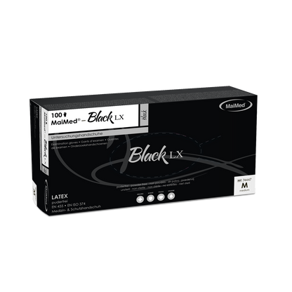 Εξεταστικά γάντια λάτεξ μιας χρήσης MaiMed-Black LX PF, χωρίς πούδρα, 100 τεμάχια/κουτί