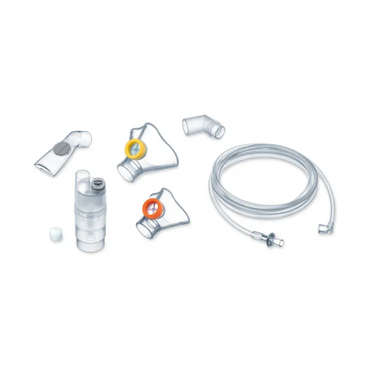 Bild eines Medel® Air Plus Kids Yearpack für Inhalator-Kits von Beurer GmbH, einschließlich eines transparenten Schlauchs, verschiedener durchsichtiger und grauer Kunststoffanschlüsse, eines Mundstücks und einer Maske. Farbige Ringe an einigen Komponenten unterscheiden zwischen verschiedenen Teilen.