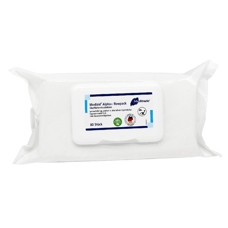Μια συσκευασία Meditrade Medizid® Alpha+ Flowpack μαντηλάκια απολύμανσης επιφανειών, που περιέχει 80 μαντηλάκια, σε λευκή πλαστική συσκευασία με πληροφορίες προϊόντος και λογότυπα στην πλευρά.