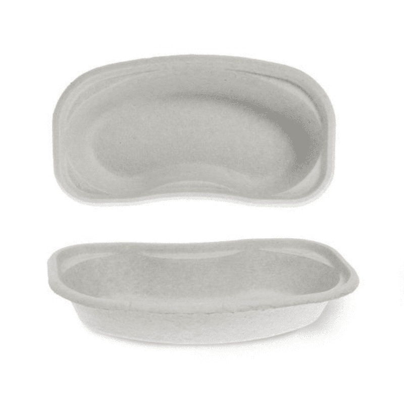 Δύο χάρτινες λεκάνες BeeSana® Meditrade από χαρτοπολτό σε λευκό φόντο, η μία φαίνεται από πάνω και η άλλη από το πλάι.