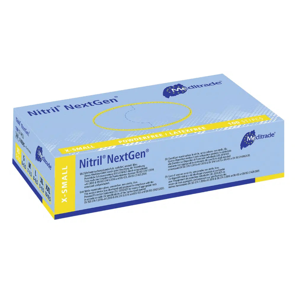 Ένα κουτί γάντια Meditrade Nitril NextGen® εξαιρετικά μικρά γάντια μιας χρήσης από την Meditrade GmbH. Η συσκευασία είναι κυρίως μπλε και κίτρινη με κείμενο και λογότυπα.