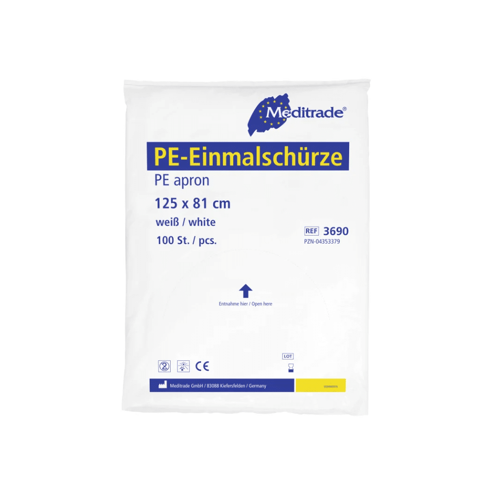 Μια συσκευασία λευκών μίας χρήσης ποδιών Meditrade PE, 125 x 81 εκ., με 100 τεμάχια. Η συσκευασία περιέχει το branding και τις λεπτομέρειες προϊόντος της Meditrade GmbH.