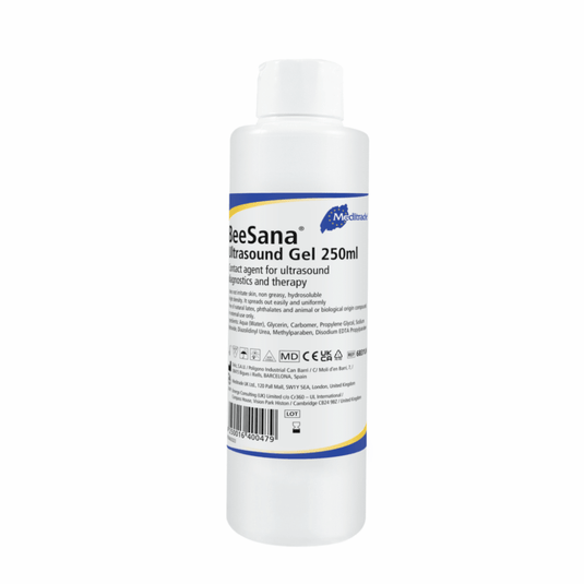 Ένα μπουκάλι Meditrade BeeSana® γέλη υπερήχων, 250 ml, που φέρει την ένδειξη «λιπαντικό για εξετάσεις υπερήχων». Η ετικέτα περιλαμβάνει λεπτομέρειες για το προϊόν και σύμβολα που υποδηλώνουν τη συμμόρφωση με τις νομικές διατάξεις.