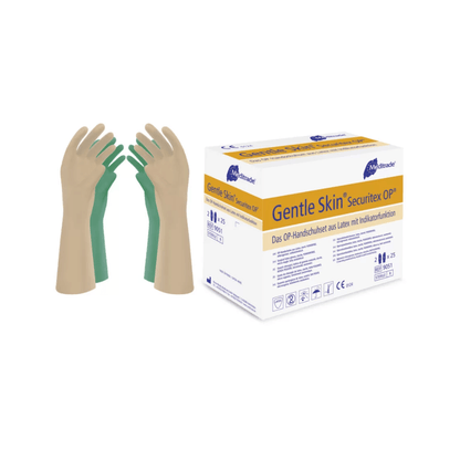 Ένα ζευγάρι πράσινα γάντια Meditrade Gentle Skin® Securitex OP® στέκεται όρθιο δίπλα στο κουτί συσκευασίας με την επιγραφή «Meditrade GmbH» σε μπλε και κίτρινο και λεπτομέρειες προϊόντος σε πολλές γλώσσες.