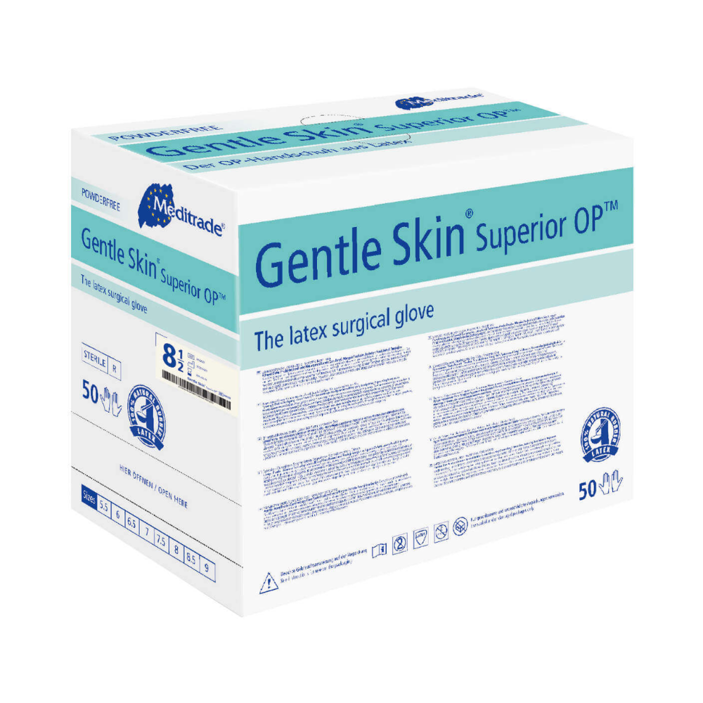 Ένα κουτί Meditrade Gentle Skin® Superior OP™ γάντια χειρουργείου από λάτεξ, μέγεθος 8,5, περιέχει 50 ζεύγη. Η συσκευασία είναι κυρίως λευκή και μπλε με λεπτομερείς πληροφορίες προϊόντος. Αυτό το γάντι χειρουργείου από λάτεξ είναι από τη μάρκα Meditrade GmbH.