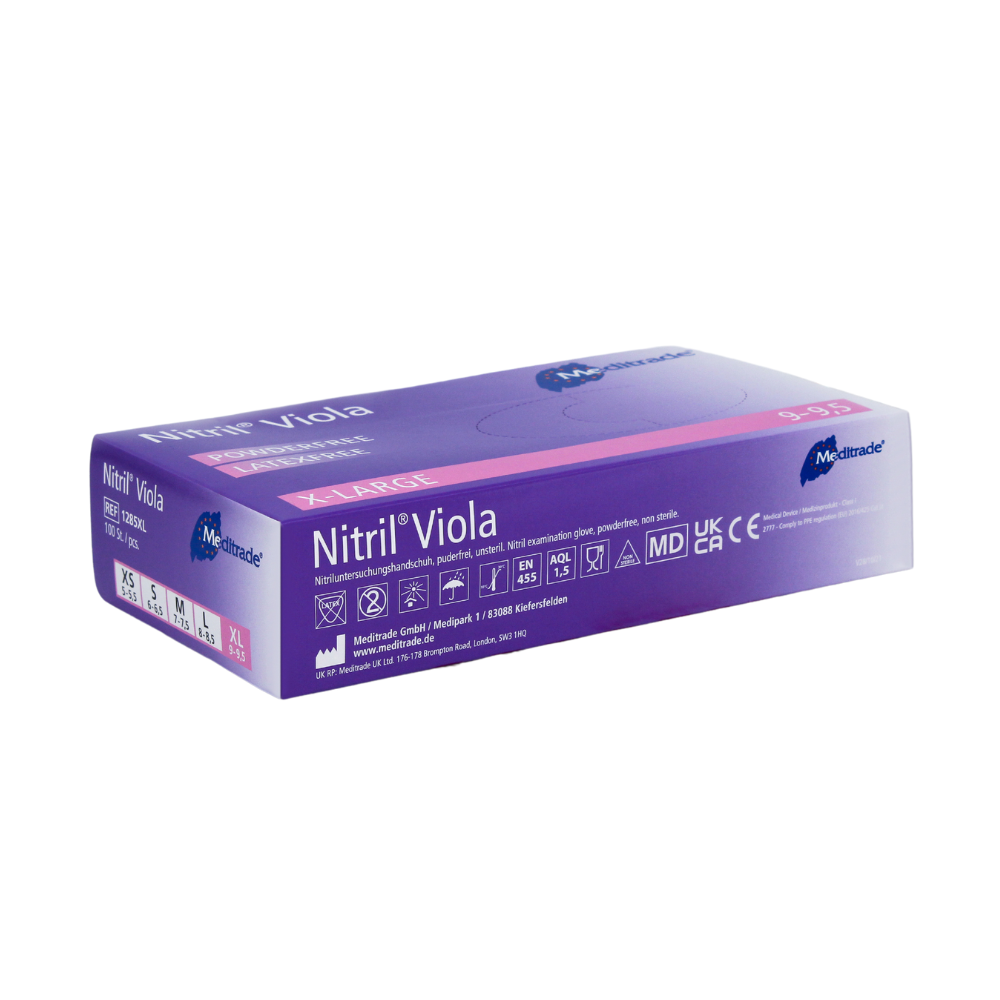 Ένα κουτί με Meditrade Nitril® Viola γάντια νιτριλίου χρώματος μοβ μιας χρήσης της Meditrade GmbH στο μέγεθος XL. Το κουτί είναι μοβ και λευκό και δείχνει διάφορες πιστοποιήσεις και την ποσότητα των γαντιών.
