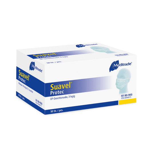 Ένα ορθογώνιο κουτί Meditrade Suavel® Protec OP-Maske 50 κομμάτια. Το κουτί είναι κυρίως λευκό με μπλε λεπτομέρειες και δείχνει μια εικόνα ενός ατόμου που φοράει μάσκα. Περιέχει 50 χειρουργικές μάσκες (3 στρώσεων) με υψηλή αποτελεσματικότητα φίλτρου βακτηρίων και είναι διακοσμημένο με διάφορα κείμενα και λογότυπα της Meditrade GmbH.