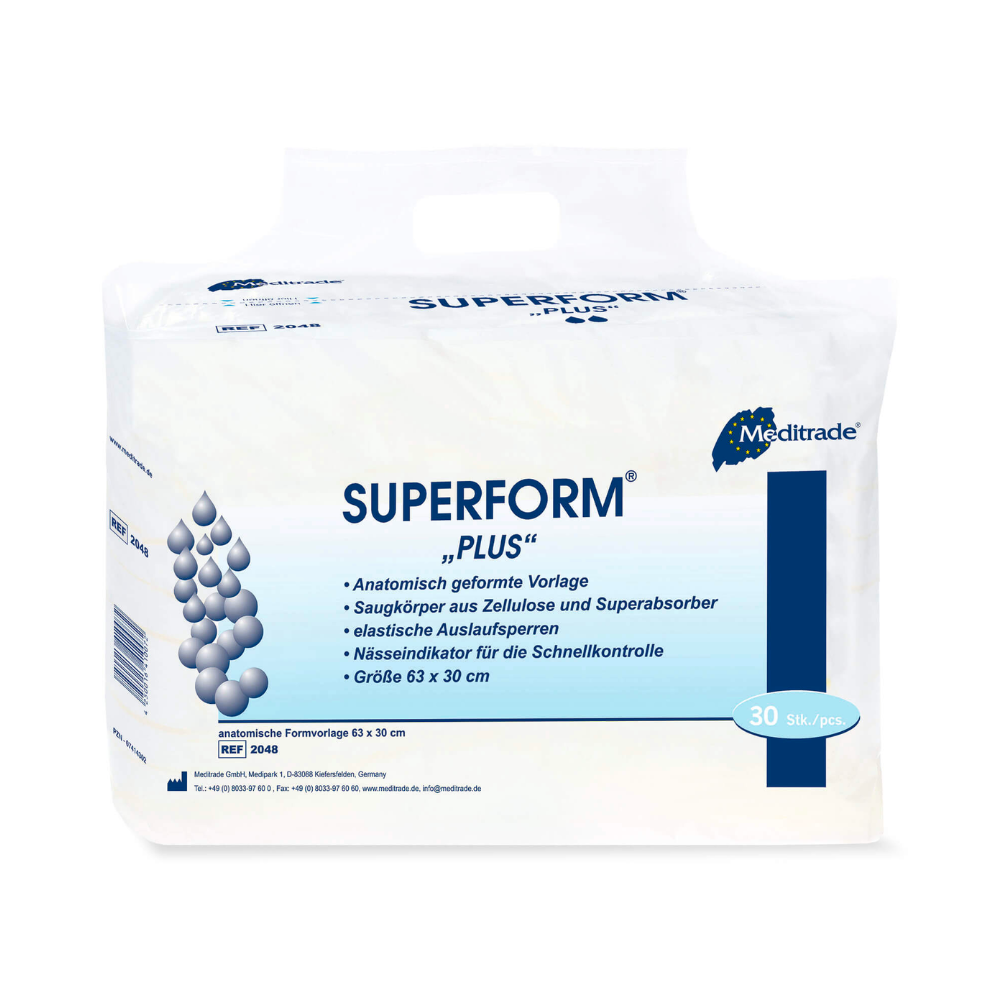 Μια συσκευασία πάνας ενηλίκων Meditrade Superform® Plus με 30 τεμάχια, περιγράφεται ως ανατομικές πάνες σχήματος με γρήγορα απορροφητικό υλικό κυτταρίνης και τεχνολογία υπερ-απορρόφησης, παρουσιάζεται μπροστά σε λευκό φόντο.