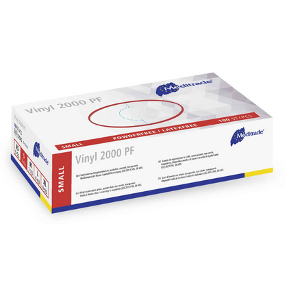 Ένα κουτί Meditrade Vinyl 2000 PF γάντια μίας χρήσης σε μικρό μέγεθος από βινύλιο με το λογότυπο της Meditrade GmbH σε λευκό φόντο. Το κουτί περιέχει 100 τεμάχια.