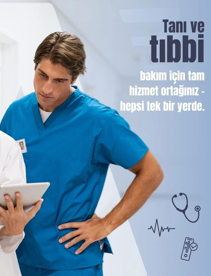 Τρεις επαγγελματίες υγείας στέκονται μαζί και κοιτούν ένα τάμπλετ, ενώ δεξιά εμφανίζεται μια διαφημιστική περιοχή με ιατρικά σύμβολα