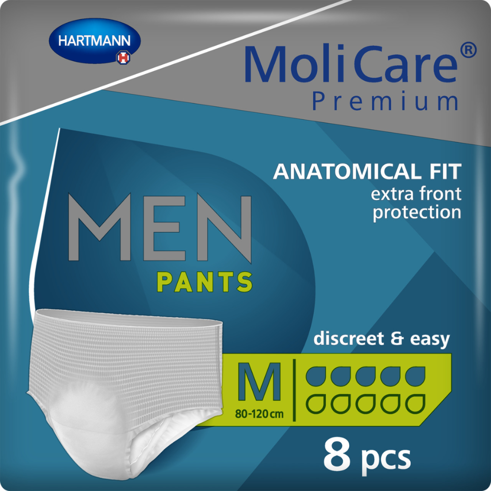 Συσκευασία του MoliCare Premium MEN PANTS 5 Tropfen, μέγεθος Medium, από την Paul Hartmann AG, δείχνει μια συσκευασία με 8 λευκά μιας χρήσης εσώρουχα με μπλε και κίτρινα σχεδιαστικά στοιχεία. Τα κυριότερα σημεία είναι χαρακτηριστικά όπως η ανατομική εφαρμογή και η επιπλέον προστασία μπροστά σε περίπτωση ελαφριάς ακράτειας.