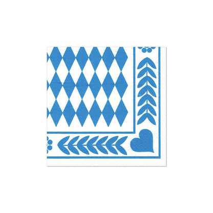 Οι PAPSTAR 250 χαρτοπετσέτες, 3-στρώσεων 1/4-πτυχή από την PAPSTAR GmbH εμφανίζουν ένα μπλε-λευκό μοτίβο ρόμβου με άκρα φύλλων, κουκκίδες και μια καρδιά στη γωνία - ιδανικές φιλικές προς το περιβάλλον χαρτοπετσέτες για την εστίαση.