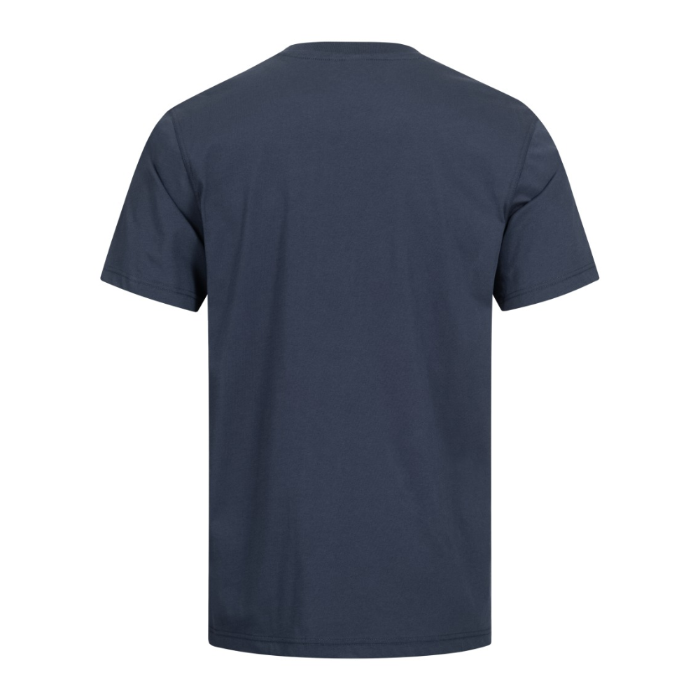 Το AS Arbeitsschutz GmbH NITRAS MOTION TEX LIGHT T-Shirt σε σκούρο μπλε από βαμβάκι πιστοποιημένο από OEKO-TEX απεικονίζεται σε λευκό φόντο. Η πίσω όψη υπογραμμίζει τον μινιμαλιστικό του σχεδιασμό με κοντά μανίκια και στρογγυλή λαιμόκοψη.