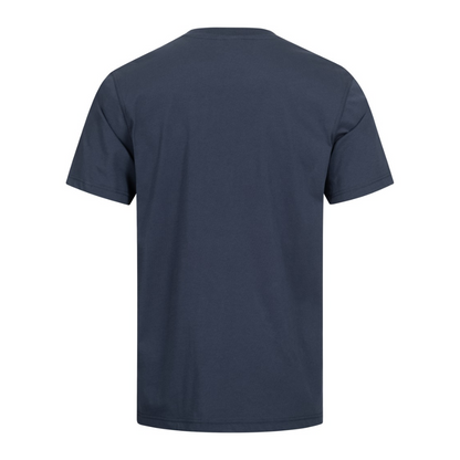 Το AS Arbeitsschutz GmbH NITRAS MOTION TEX LIGHT T-Shirt σε σκούρο μπλε από βαμβάκι πιστοποιημένο από OEKO-TEX απεικονίζεται σε λευκό φόντο. Η πίσω όψη υπογραμμίζει τον μινιμαλιστικό του σχεδιασμό με κοντά μανίκια και στρογγυλή λαιμόκοψη.
