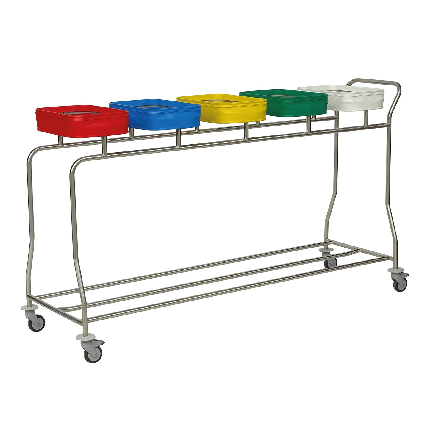 Der Novocal Edelstahl-Wäschesammler "Kompakt plus" ist ein platzsparender Fünffachsammler-Trolley mit fünf farbigen Deckeln, vier Rollen und Griff für komfortablen Transport.