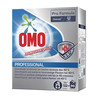 Εκτίθεται μια συσκευασία Omo Professional Disinfectant Plus, απορρυπαντικό απολύμανσης (8550 g) από την Diversey Deutschland GmbH & Co. OHG. Η συσκευασία τονίζει την αποτελεσματικότητα στην αφαίρεση επίμονων λεκέδων στους 40 °C και περιέχει τα λογότυπα των Unilever και Diversey καθώς και οδηγίες χρήσης.