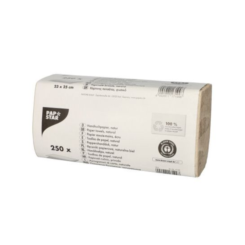 Μια συσκευασία χάρτινων πετσετών της PAPSTAR GmbH είναι στο φυσικό χρώμα, έχει διαστάσεις 25 x 23 cm και είναι σχεδιασμένη σε ζιγκ-ζαγκ πτύχωση. Κάθε συσκευασία περιέχει 250 μονόφυλλα χαρτιά και φέρει περήφανα τη σήμανση περιβαλλοντικής προστασίας Blauer Engel.