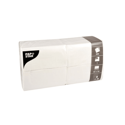 Η συσκευασία περιέχει ένα σετ με 500 λευκές PAPSTAR-χαρτοπετσέτες διαστάσεων 33 x 33 εκ. Φέρουν το εμπορικό σήμα της φημισμένης PAPSTAR GmbH και είναι διακοσμημένες με σύμβολα που υποδεικνύουν το μέγεθος και την ποσότητα των χαρτοπετσετών. Έτσι είναι ιδανικές για τον τομέα της εστίασης.
