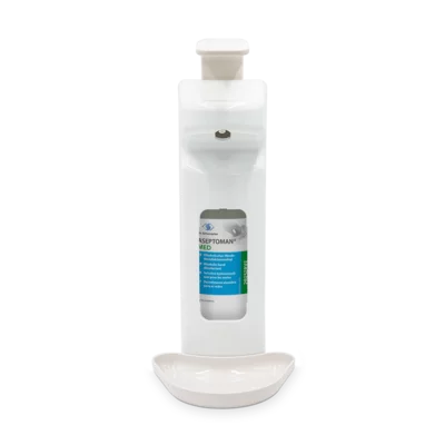Η επιτοίχια συσκευή διανομής SPE 500 (500 ml) της Dr. Schumacher GmbH είναι ένας λευκός, αυτόματος επιτοίχιος διανομέας με ένα ορατό μπουκάλι και ένα δοχείο συλλογής σταγόνων στο κάτω μέρος.