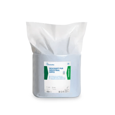 Μια σφραγισμένη συσκευασία μπλε Dr. Schumacher DESCOSEPT PUR INDUSTRIAL WIPES της Dr. Schumacher GmbH, απεικονισμένη σε ένα απλό λευκό φόντο, με λευκή και πράσινη επισήμανση, είναι ιδανική για τη συντήρηση μηχανών και εργαλείων.