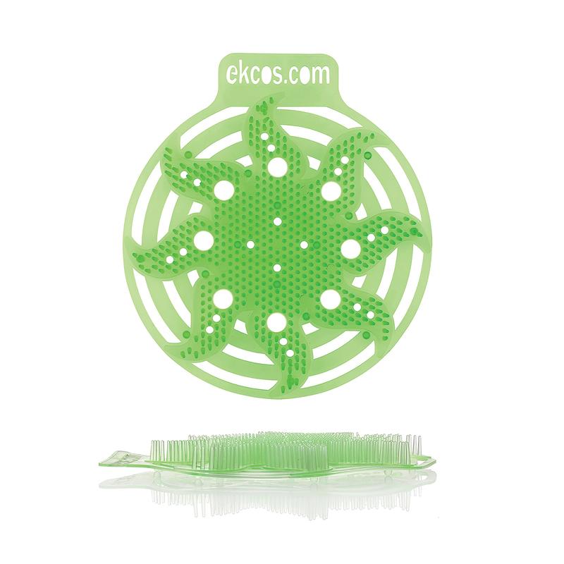 Μια πράσινη, στρογγυλή Ekcos Power Screen Urinalmatte - 30+ ημέρες από την Diversey Deutschland GmbH & Co. OHG με πολλές τρύπες και φύλλο-όμοιες προεκτάσεις απεικονίζεται όρθια· στην κορυφή είναι τυπωμένο το "ekcos.com", που τονίζει τον μακροχρόνιο έλεγχο οσμών για έως και 30 ημέρες.