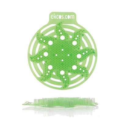 Μια πράσινη, στρογγυλή Ekcos Power Screen Urinalmatte - 30+ ημέρες από την Diversey Deutschland GmbH & Co. OHG με πολλές τρύπες και φύλλο-όμοιες προεκτάσεις απεικονίζεται όρθια· στην κορυφή είναι τυπωμένο το "ekcos.com", που τονίζει τον μακροχρόνιο έλεγχο οσμών για έως και 30 ημέρες.