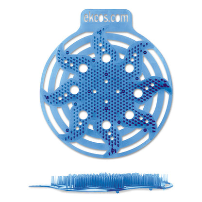 Η Ekcos Power Screen Urinalmatte - 30+ ημέρες από την Diversey Deutschland GmbH & Co. OHG είναι ένα μπλε, στρογγυλό χαλάκι με τρύπες και ανυψωμένες τρίχες για μόνιμο έλεγχο οσμών, που φέρει ένα σχέδιο που μοιάζει με ήλιο και το κείμενο "ekcos.com".