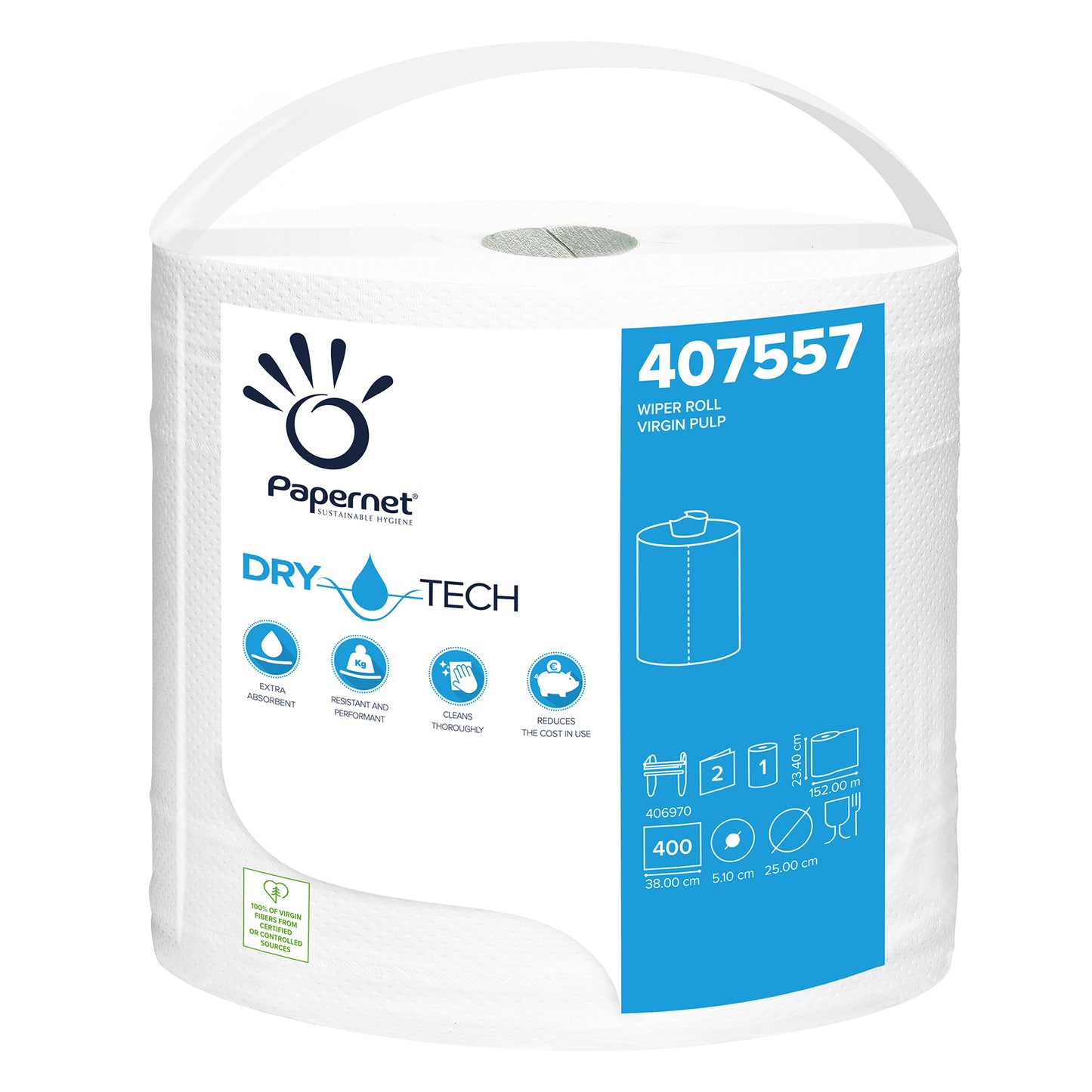 Ένας ρόλος Papernet βιομηχανικού χαρτιού 407557 από τη Sofidel Germany GmbH ξεχωρίζει για την «Dry Tech Technology» στη συσκευασία. Είναι εξοπλισμένη με σύμβολα ανακύκλωσης και περιέχει 400 φύλλα, προσφέροντας αποτελεσματικότητα και βιωσιμότητα. Ο λευκός ρόλος μετρά 380 cm x 51,0 cm x 25,0 cm, καθιστώντας τον ιδανική επιλογή για βιομηχανική χρήση.
