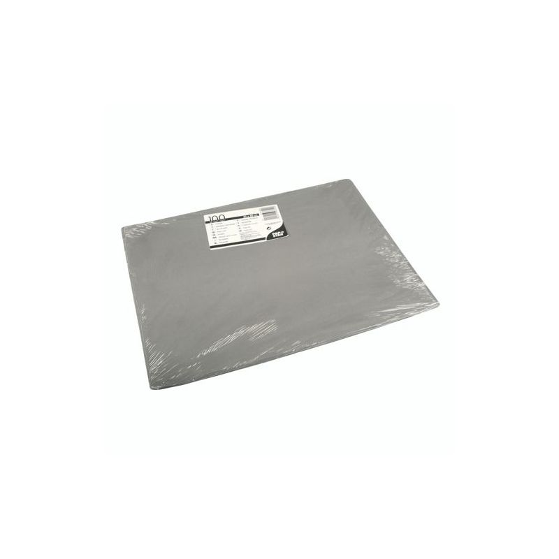 Ένας σωρός PAPSTAR 100 σετ τραπεζιών, χαρτί 30 x 40 cm της PAPSTAR GmbH είναι συσκευασμένο σε διαφανή πλαστική συσκευασία με λευκή ετικέτα προϊόντος στην κορυφή.