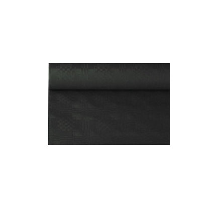 Ένας ρόλος τραπεζομάντηλου με ανάγλυφο δαμασκού της PAPSTAR GmbH με ένα λεπτό γεωμετρικό μοτίβο κοσμεί τη σκηνή. Αυτό το σκούρο ύφασμα, που θυμίζει κομψή διακόσμηση τραπεζιού, είναι εν μέρει ξετυλιγμένο μπροστά από ένα άψογα λευκό υπόβαθρο.