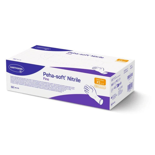 Κουτί με γάντια μίας χρήσης Peha-soft® nitrile fino της Paul Hartmann AG, χωρίς λατέξ και χωρίς πούδρα, με λευκό-μοβ συσκευασία στα μεγέθη XS – S. Περιλαμβάνει εικόνα χεριού με γάντι, γραμμωτούς κώδικες και πληροφορίες για το προϊόν στα πλάγια.