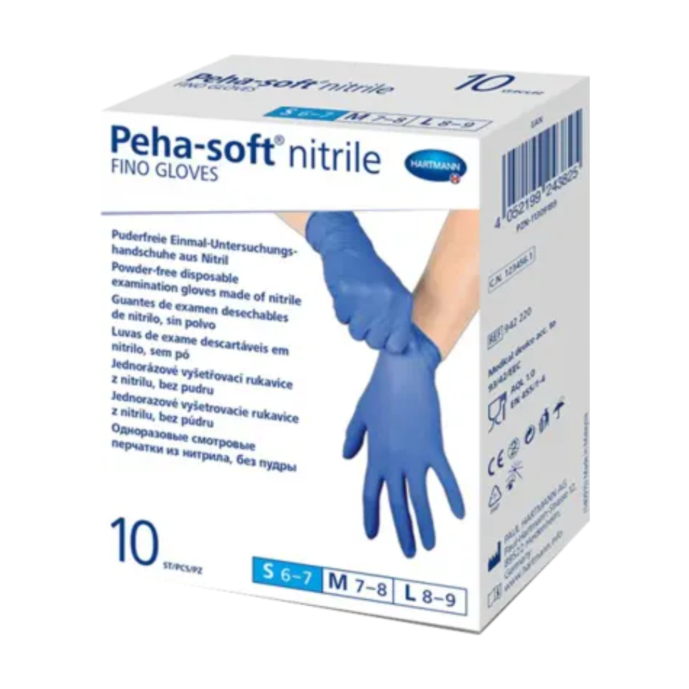 Ένα κουτί γάντια μιας χρήσης Peha-soft® nitrile fino χωρίς λάτεξ από την Paul Hartmann AG. Το κουτί είναι πολυγλωσσικά επισημασμένο και επισημαίνει την απουσία πούδρας και τον χαρακτήρα μιας χρήσης των γαντιών για ιατρική χρήση.