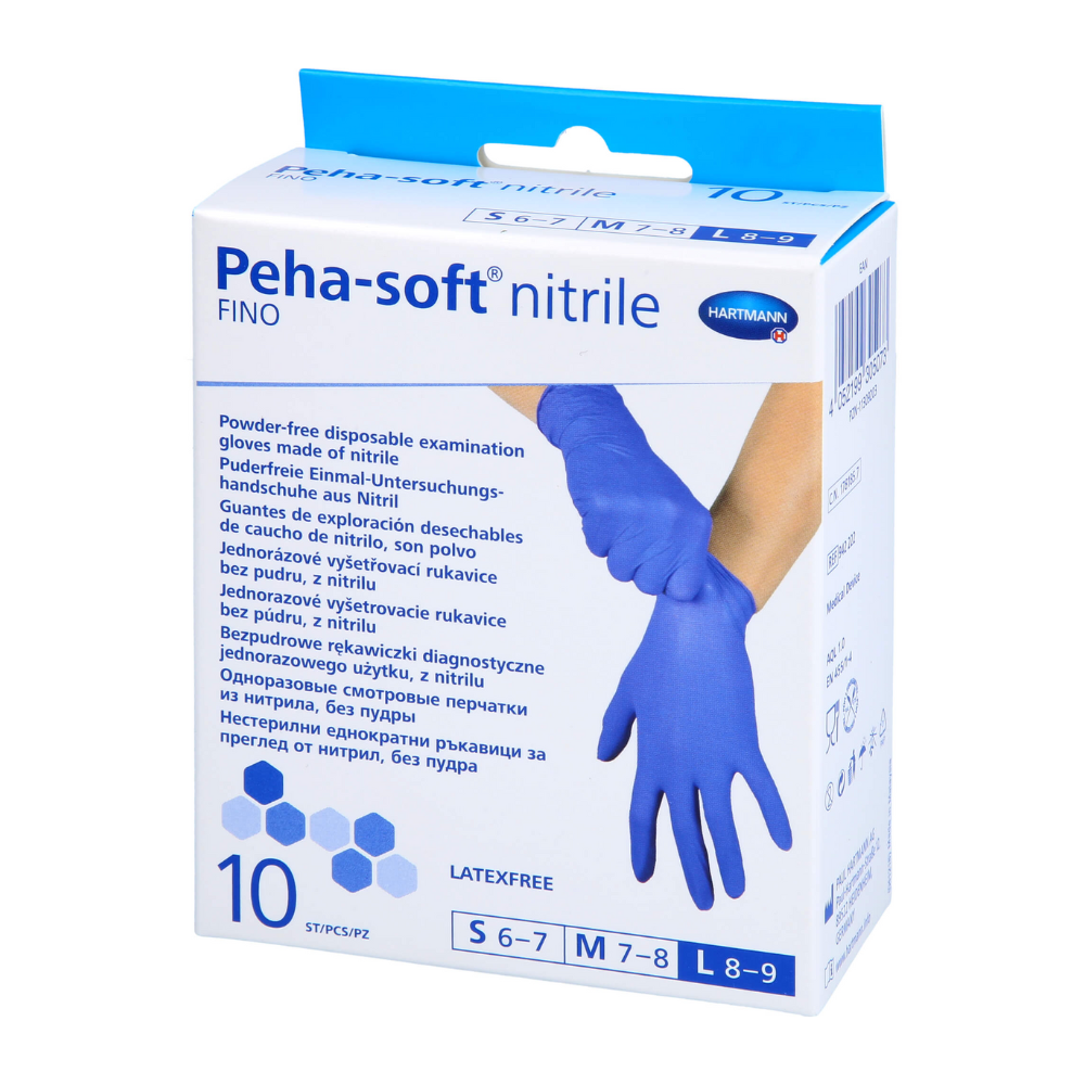 Ένα κουτί γάντια μιας χρήσης Peha-soft® nitrile fino της Paul Hartmann AG, γάντια εξέτασης μιας χρήσης χωρίς πούδρα. Στη συσκευασία αναφέρονται οι διαθέσιμες διαστάσεις και επισημαίνεται ότι τα γάντια είναι χωρίς λάτεξ, με πολυγλωσσική πληροφορία προϊόντος.