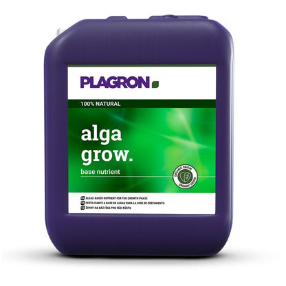 Μια μεγάλη μοβ κανάτα με την επιγραφή "Plagron Alga Grow Φυσικό Λίπασμα Ανάπτυξης" από την Bertels B.V. έχει πράσινο υπόβαθρο με κείμενο στα Αγγλικά και Ισπανικά. Αυτό το τετράγωνο δοχείο με μια άνω λαβή είναι ένα ιδανικό φυσικό λίπασμα ανάπτυξης για τον κήπο σας.