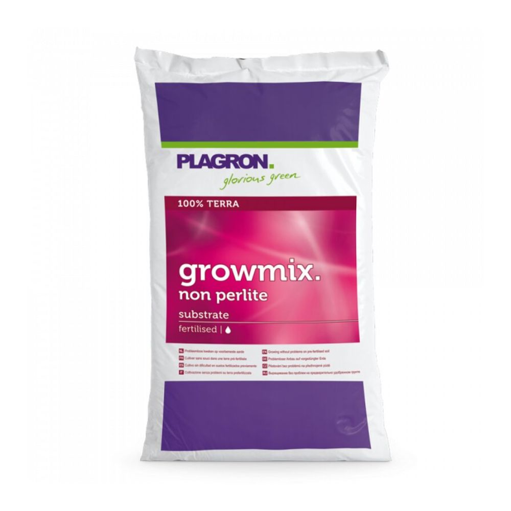 Η εικόνα δείχνει μια λευκή σακούλα Plagron Growmix 50 l – χωρίς περλίτη από την Bertels B.V. με μοβ και ροζ τόνους και την επιγραφή «Premium φυτική γη, προλιπασμένη για 100% Terra-λίπανση, για να εξασφαλίζεται υγιής ανάπτυξη των φυτών».