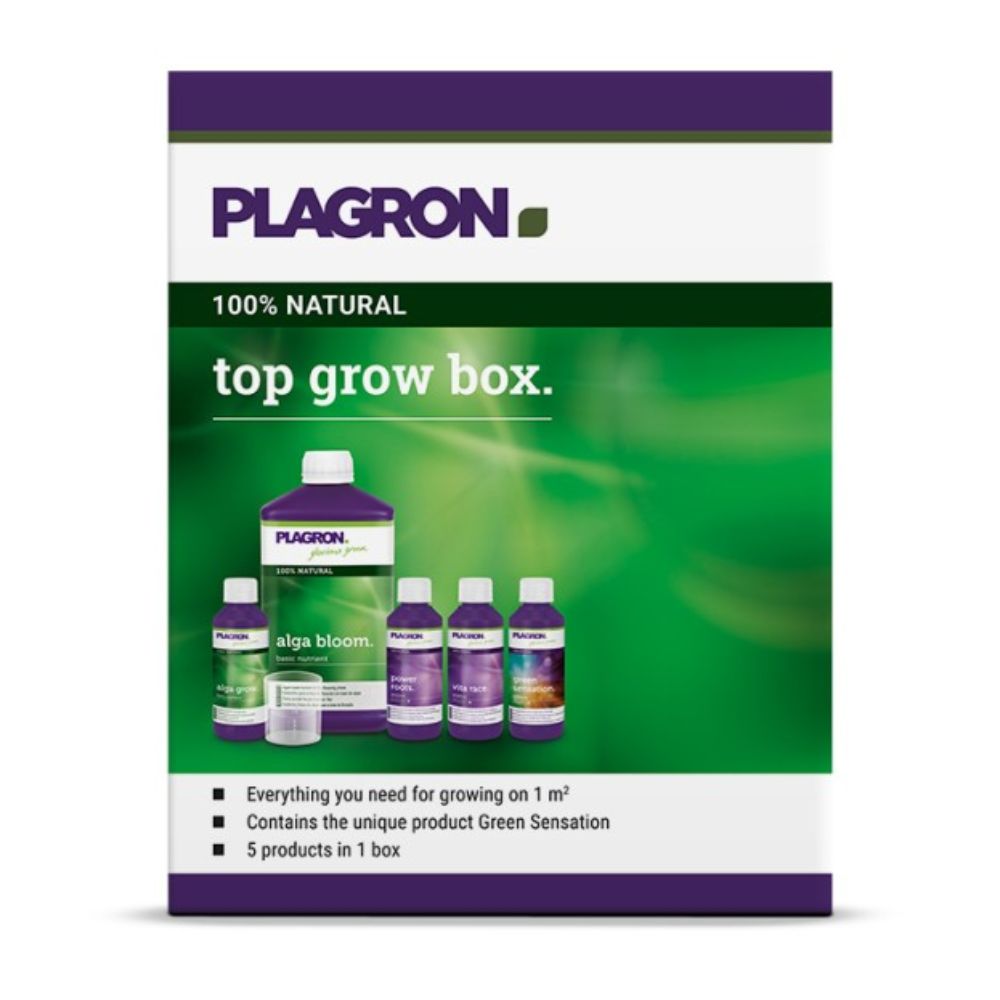 Το Plagron Top Grow Box 100% Natural από την Bertels B.V. έχει ένα πράσινο-μωβ σχέδιο, περιλαμβάνει πέντε φιάλες συμπεριλαμβανομένου του "Alga Bloom", βασίζεται σε φυσικά συστατικά, υποστηρίζει την ανάπτυξη σε πάνω από 1 m² και προσφέρει εξαιρετικά βιολογικά λιπάσματα για πλήρη θρέψη.