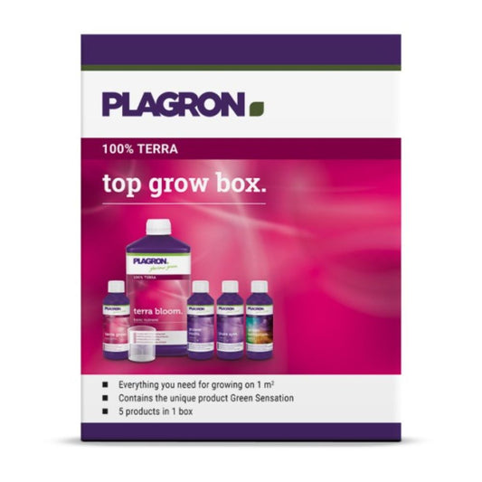 Die „Plagron Top Grow Box 100% Terra - Anbauset für Erde | 1 Stück“ von Bertels B.V. beinhaltet Flaschen wie „Terra Bloom“ und „Terra Grow“. Die Box ist in Lila und Pink gestaltet und mit einem Text versehen, der ihre Eigenschaften und ihren Inhalt beschreibt.