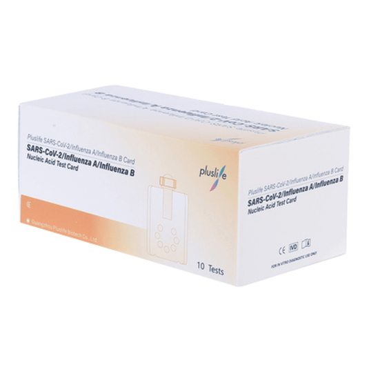 Ένα κουτί με τεστ Pluslife SARS-CoV-2 / Γρίπη Α / Γρίπη Β (10 τεστ) για εξετάσεις νουκλεϊκών οξέων, περιέχει 10 τεστ.