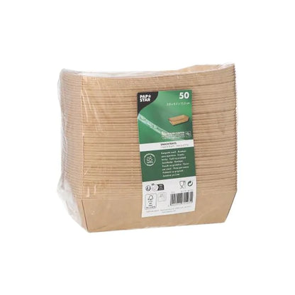 50 καφέ, ορθογώνια PAPSTAR GmbH Snacktrays από χαρτόνι "pure" σε διάφανη μεμβράνη με πράσινη-λευκή μπροστινή ετικέτα με πληροφορίες προϊόντος.