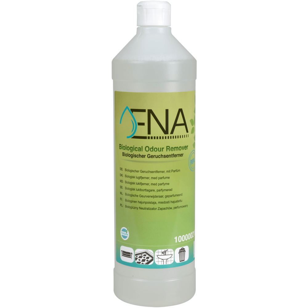 Ένα πλαστικό μπουκάλι 1 λίτρου ENA Βιολογικός Αποσμητής από την Abena Re-Seller GmbH με πράσινη ετικέτα και λευκό καπάκι, με πολυγλωσσικές πληροφορίες και σύμβολα για χρήση σε υφάσματα, δοχεία και στην κουζίνα.