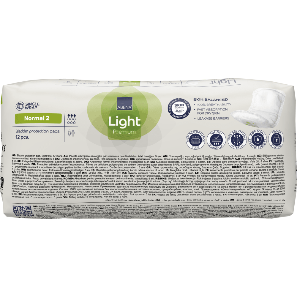 Μια συσκευασία ABENA Light Normal 2, Premium από την Abena Re-Seller GmbH (12 τεμάχια) προσφέρει προστασία κυστών επιπέδου 2 με απορροφητικότητα, ισορροπία δέρματος, ταχεία απορρόφηση και φραγμούς υγρών για αποτελεσματική προστασία.